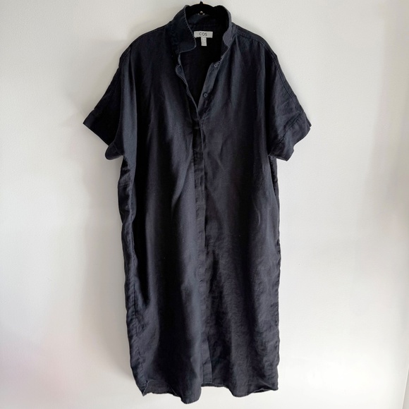 COS Linen Midi Shirt Dress Women’s Large Black 100% Linen Relaxed Fit Vacation - Picture 3 of 9